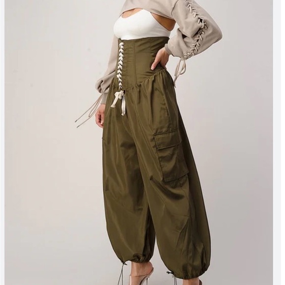 Nichole Lynel Pants - Wide Leg Utility Cargo Pants - Olive
